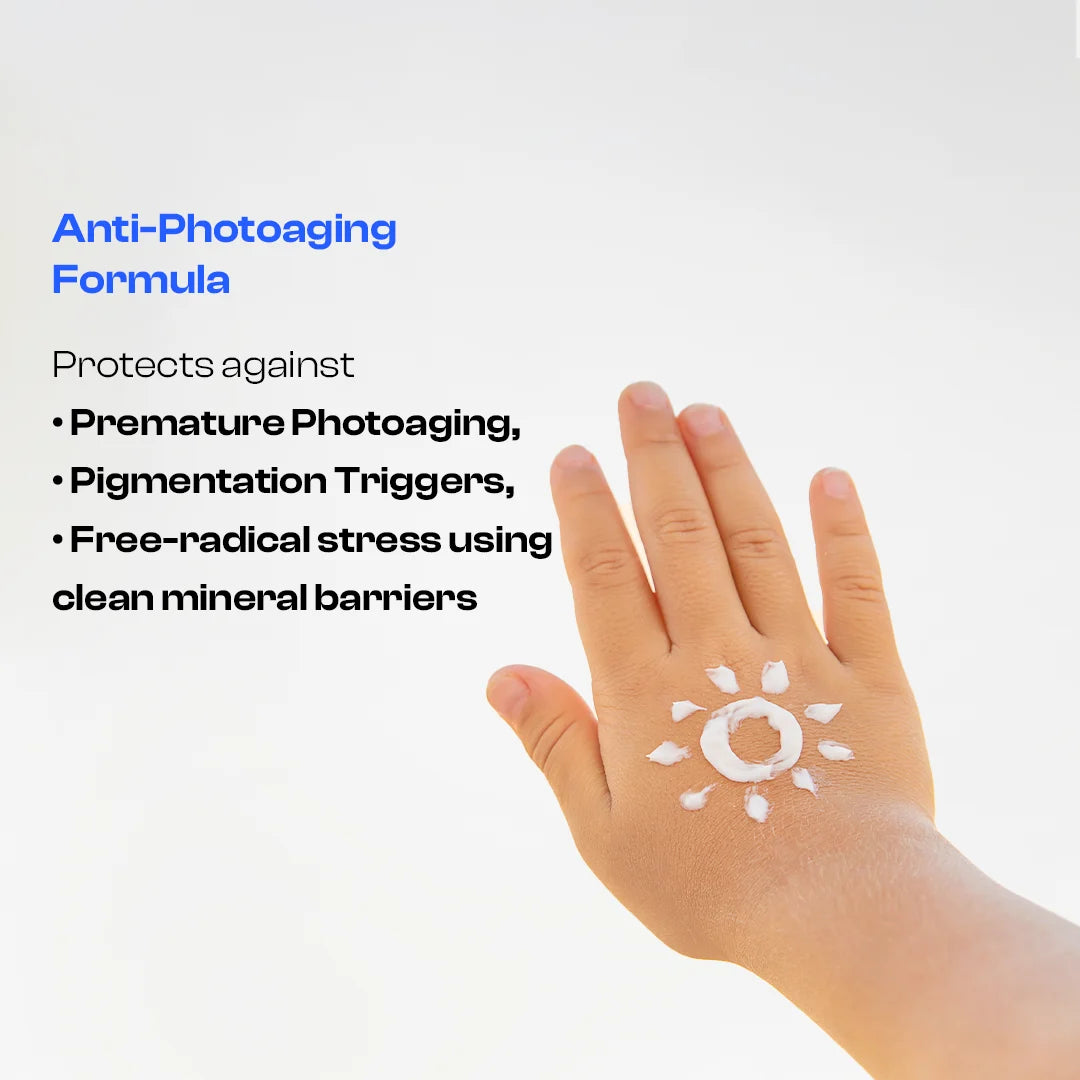 A hand with white 4mation skins sunscreen painted on the palm against a light gray background, with text reading 'Anti-Photoaging Formula' and bullet points about protection against premature photoaging, pigmentation triggers, and free-radical stress.