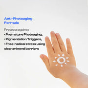 A hand with white 4mation skins sunscreen painted on the palm against a light gray background, with text reading 'Anti-Photoaging Formula' and bullet points about protection against premature photoaging, pigmentation triggers, and free-radical stress.