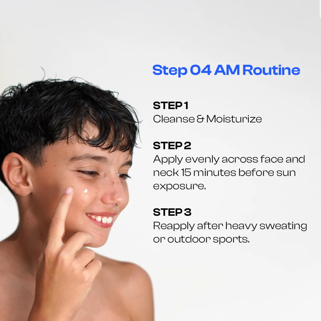 A child touching their face while applying 4mation skin sunscreen product, with text on the right reading 'Step 04 AM Routine' and three steps for cleansing, moisturizing, and reapplying before sun exposure.