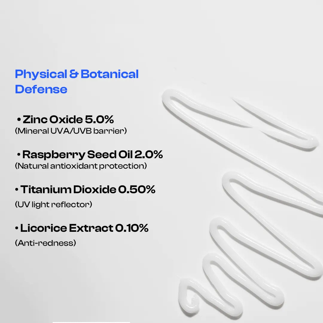 A white sunscreen is swirled on a light gray background next to text detailing its ingredients: Zinc Oxide 5.0%, Raspberry Seed Oil 2.