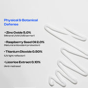 A white sunscreen is swirled on a light gray background next to text detailing its ingredients: Zinc Oxide 5.0%, Raspberry Seed Oil 2.